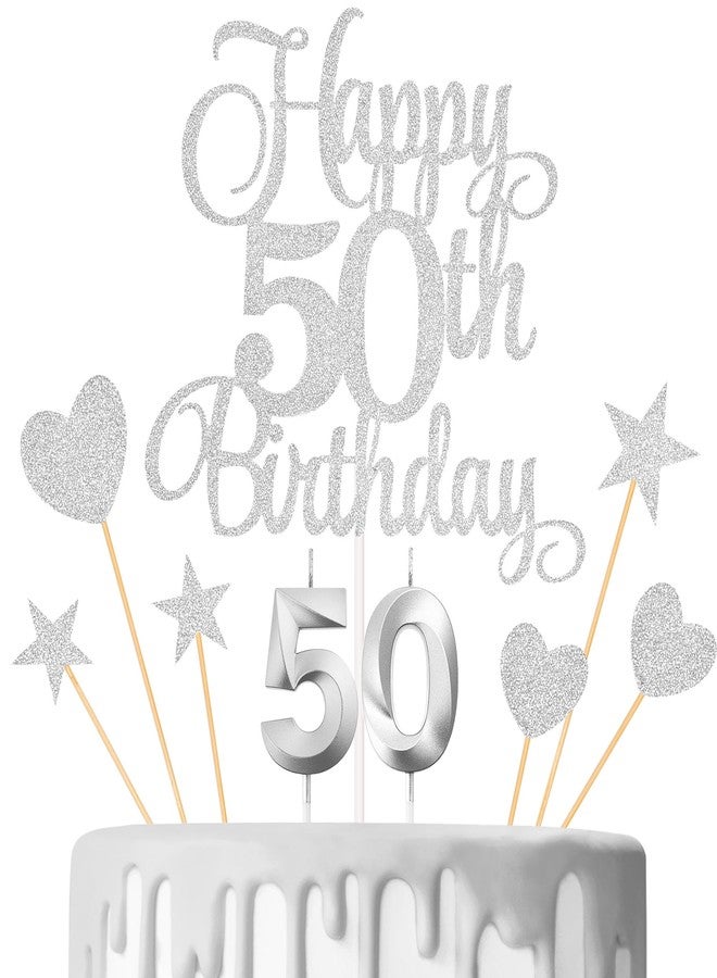 Lecferrarc 50th Birthday Cake Decorations, 50th Birthday Candles Cake Numeral Candles and Glitter Happy 50th Birthday Cake Toppers Set for Birthday Party Supplies (Silver) - Image 1